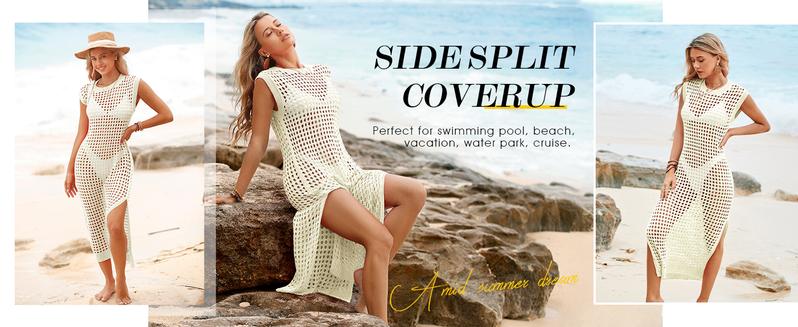 Saodimallsu Womens Crochet Swimsuit Coverup Summer Sleeveless Hollow Out Knit Crewneck Side Split Long Beach Dress