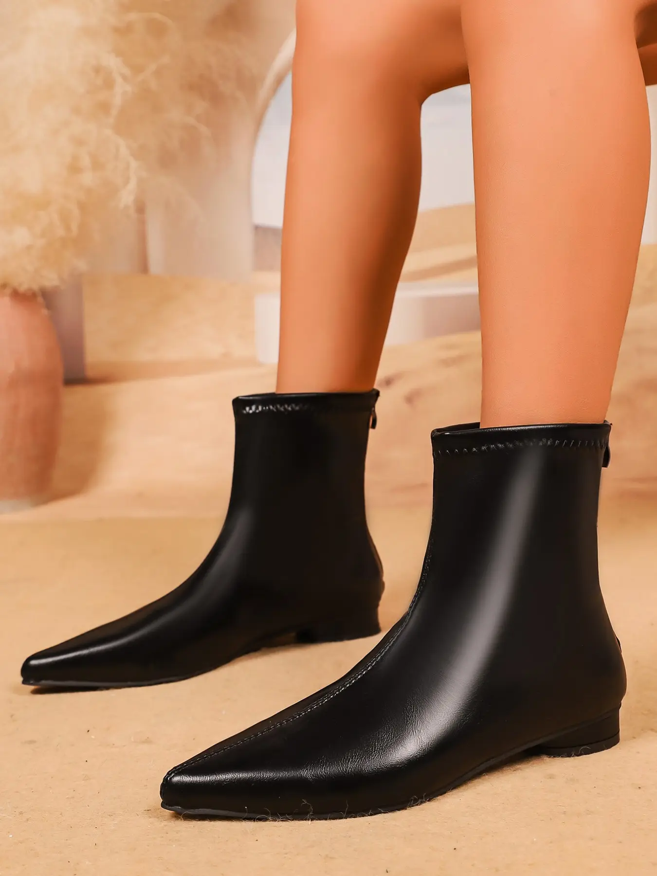 Elegant Pointed Toe Low Heel Elastic Short Boots, Soft Leather Slimming Nude Boots, Daily Commute Versatile Ankle Boots, Autumn Winter Fashion