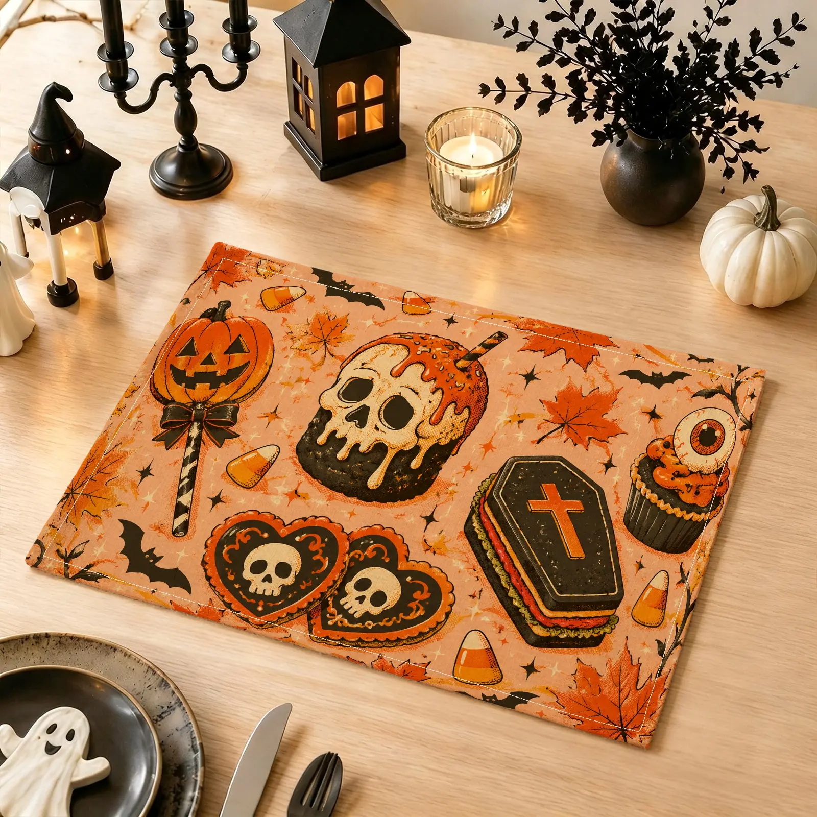 4/6pcs Skull Coffin & Pumpkin Lollipop Placemats, Cute Gothic Style for Dining Table, Kitchen, Halloween Party & Home Decor, Halloween Gifts, Party Decoration
