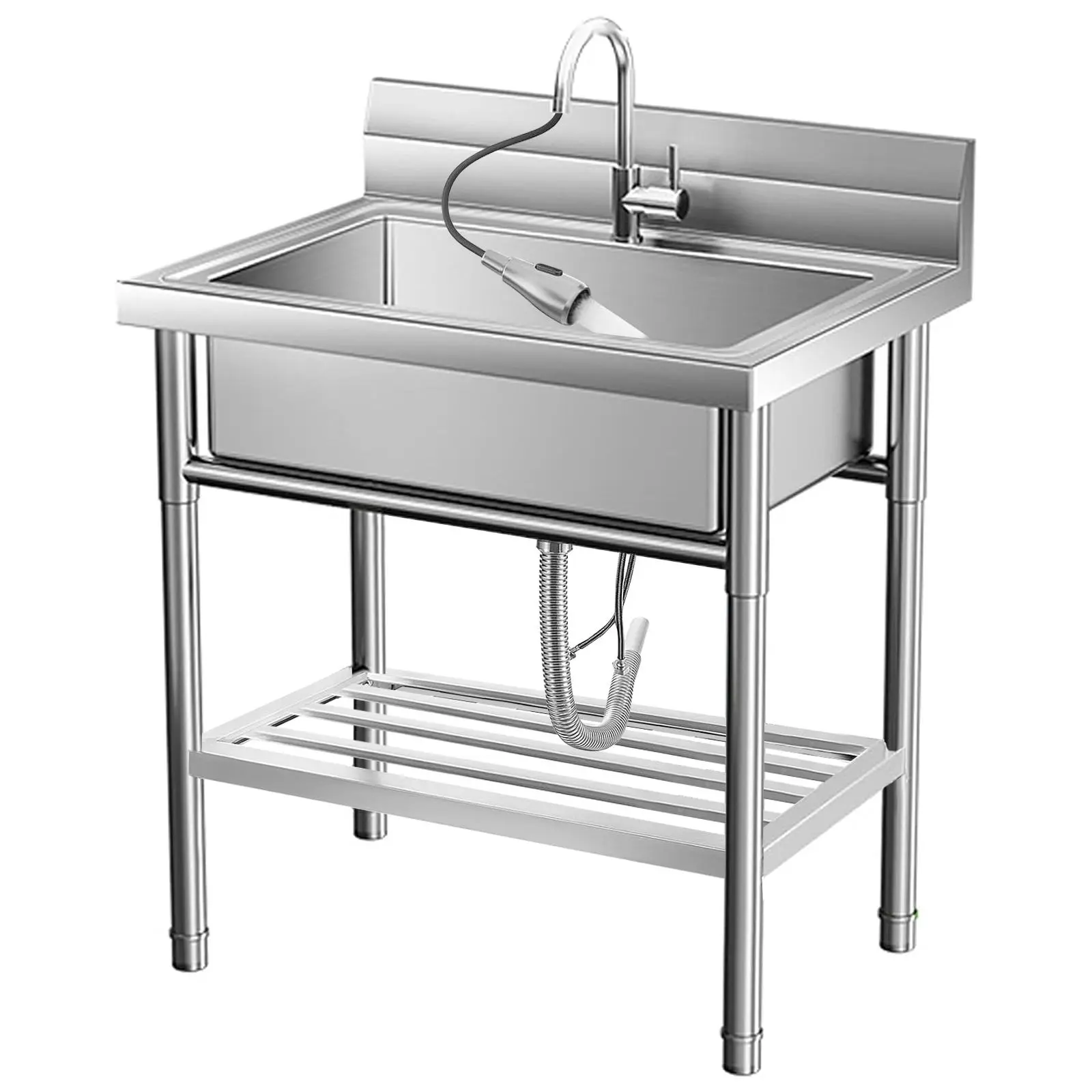 304 Stainless Steel Utility Sink Freestanding Laundry Basin with 360 Pull Out Faucet Heavy Duty 1.2mm Thickness Commercial Prep Sink with Shelf Towel Rack Deep Basin for Garage Kitchen Backyard Laundry Room NSF
