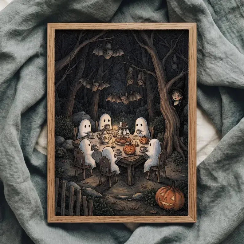 Ghosts Tea Party Art Print - Retro Halloween Printable Wall Art, Cute Spooky Poster, Vintage Halloween Decor