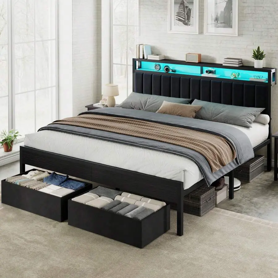 Twin Full Queen King Size Bed Frame For Bedroom Furniture, Metal Platform Bed With RGBW LED Lights And App Control, Velvet Upholstered Headboard, 2 Storage Drawers, No Box Spring Needed, White, Black, Grey