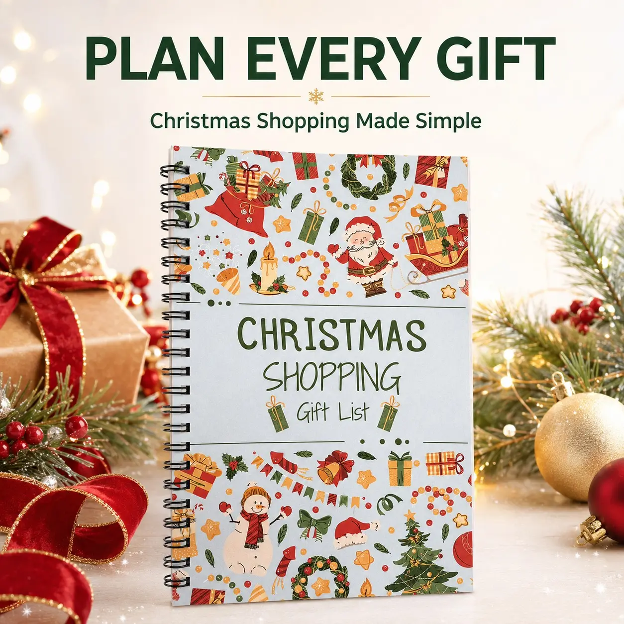 1-Pack Christmas Gift List Planner, Spiral-Bound Holiday Shopping Organizer with Budget and Cost Tracker, 21 x 14 cm, Festive Planning Notebook, Budget Planners