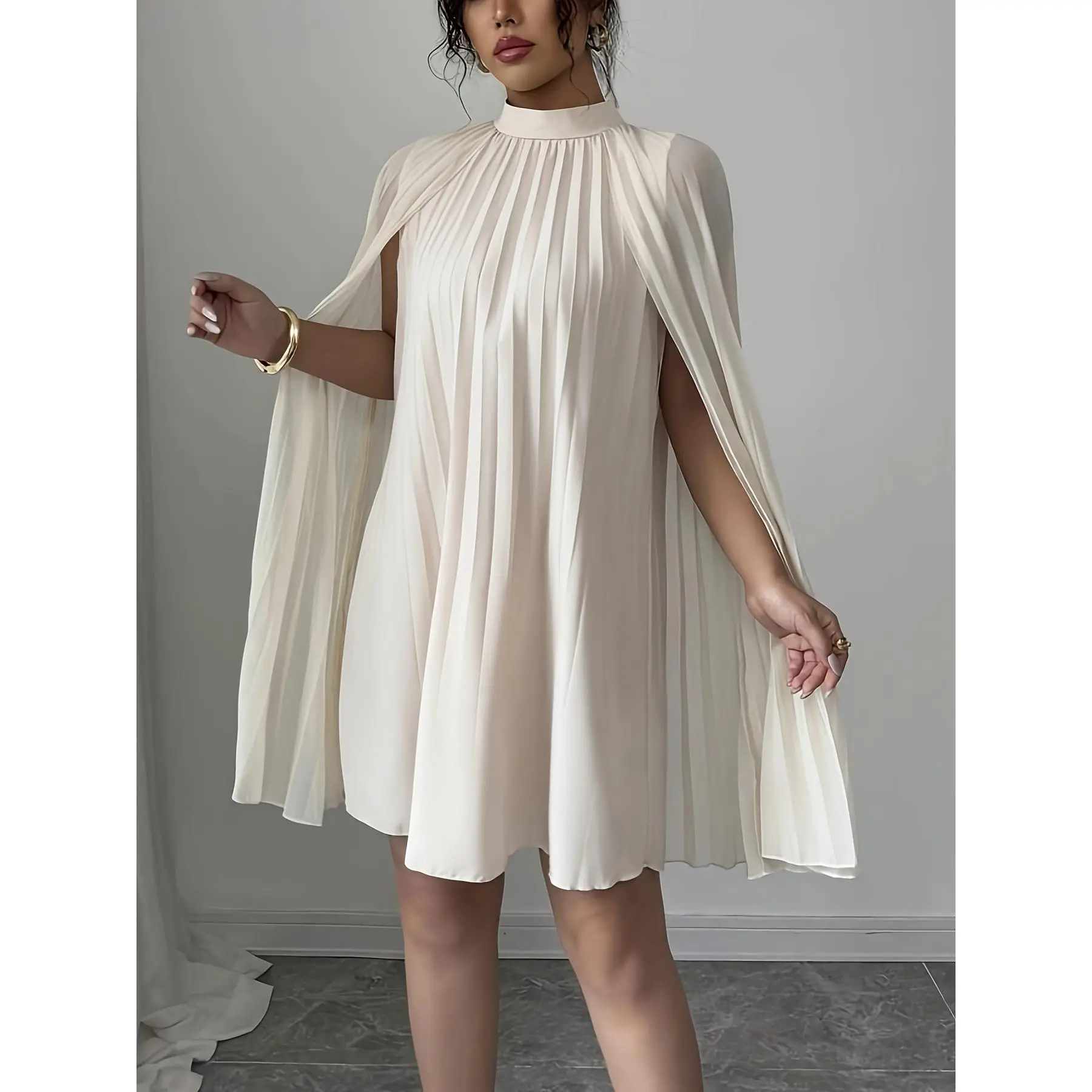 Solid Color  Stand-up Collar Pleated Shawl Dress