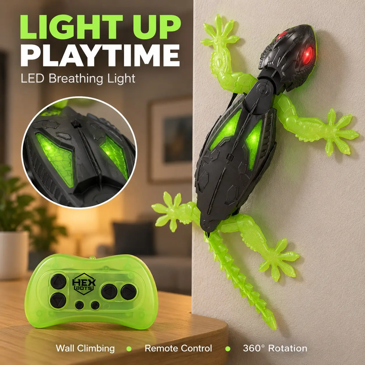 Remote Control Gecko Toy, 2.4GHz Wall-Climbing Electric Lizard, LED Light, 360° Rotation, Strong Adhesion, Halloween Christmas Gift