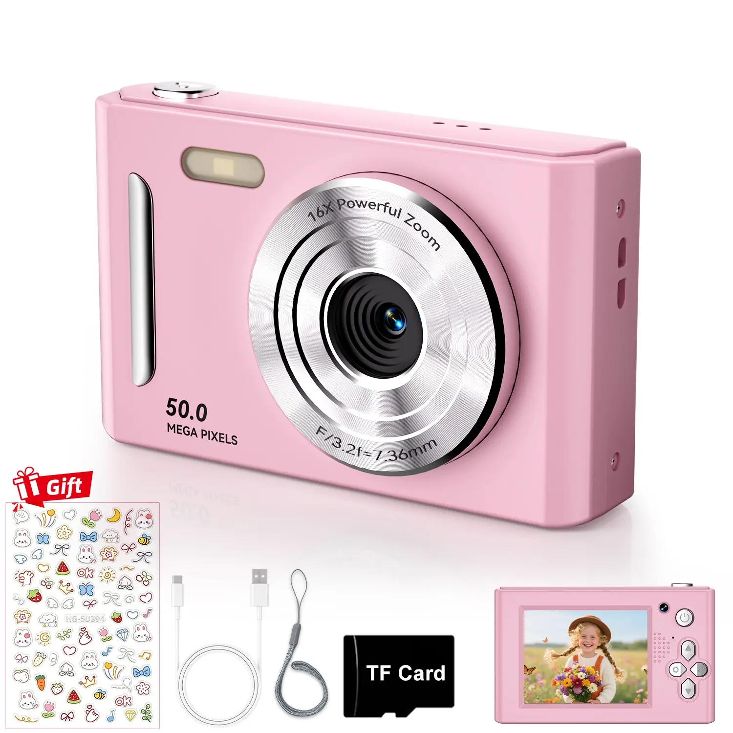 Digital Camera with Dual Cameras, Portable Pocket Camera, 2.4 Inch Screen, Video Recording, 8x Zoom, Anti-Shake, Mp3 Player, SD Card, Free Stickers, Compact Portable Camera