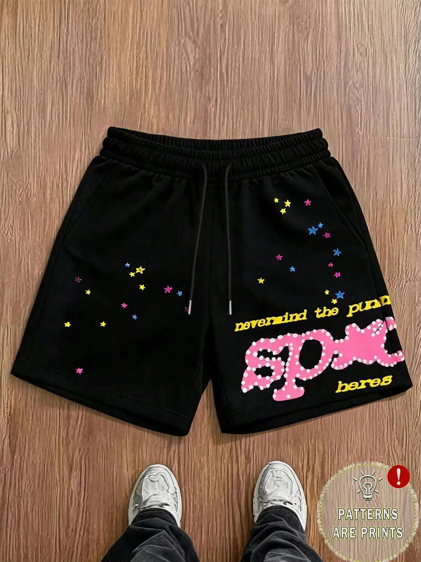 Men Black Loose Fit Sports Shorts | Retro Hip Hop Aesthetic | Multicolor Star Pattern & Slogan Printed Drawstring Short Pants | For Young Guys Daily Vacation Urban Casual Outfits