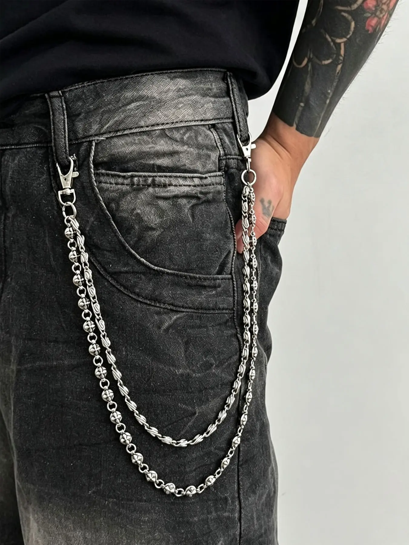 Vintage Silver Color Double Layer Cross Bead Belt Chain, Unisex Gothic Punk Multi-Layer Jeans Wallet Keychain, Y2K Streetwear Accessory, Waist Chain Accessory