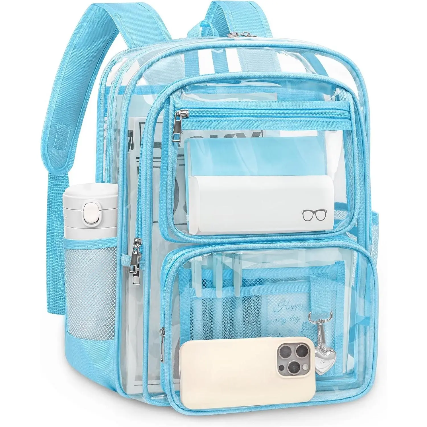 Clear Backpack for School, Large Heavy Duty Clear Bookbag with Luggage Strap & Stitches for Girls Boys, Reinforced See Through PVC Transparent Backpack for Stadium Events College Travel Work BlueGift.