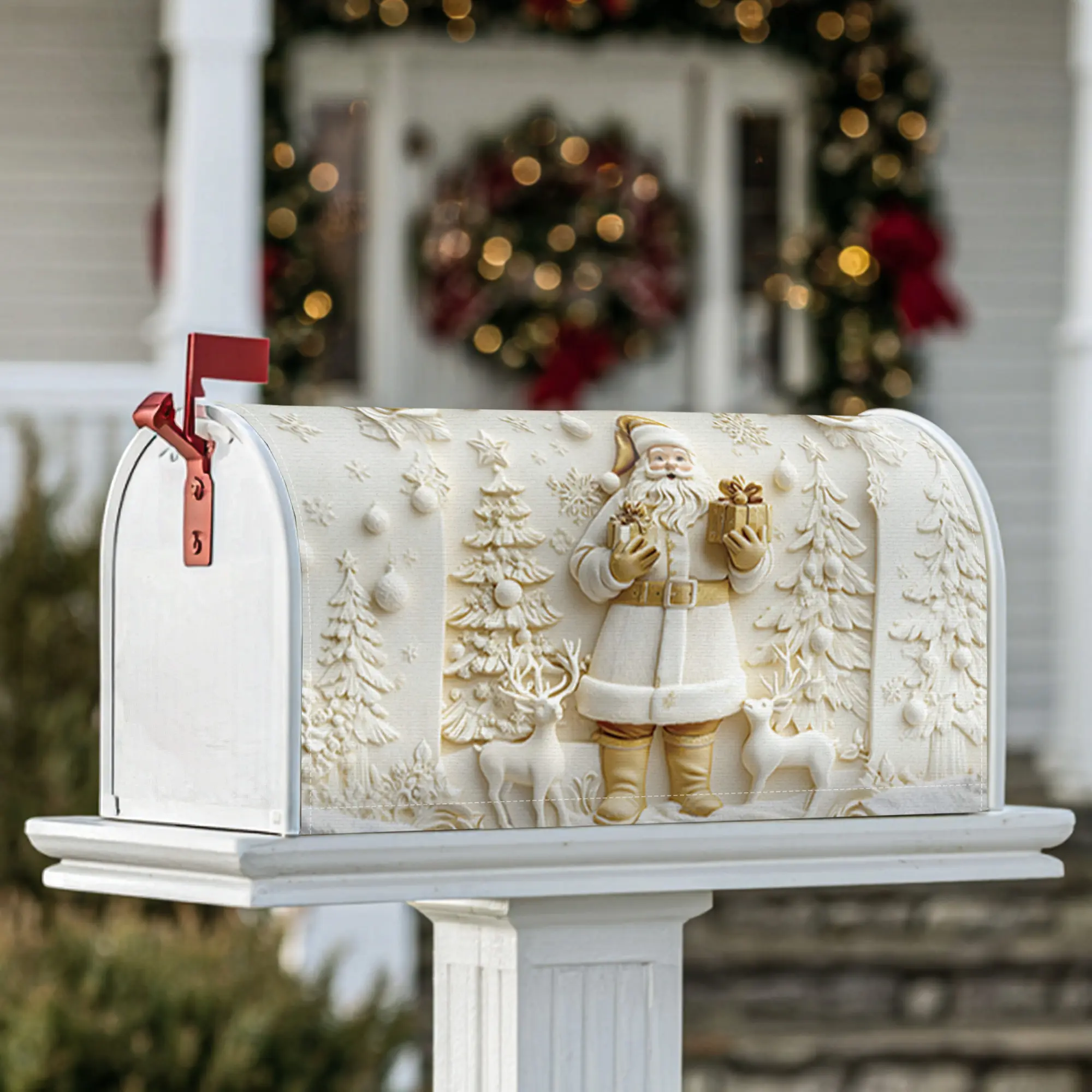 Santa Magnetic Mailbox Covers, Christmas festive reindeer Christmas trees Christmas white Mailbox Wraps for Front Yard Decor
