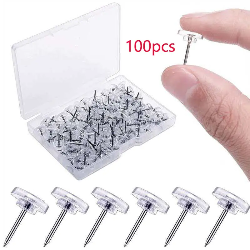 100 Transparent Push Pins, Round Head Pins for Bulletin Boards, Corkboards, Photo Walls, Art Walls, Office DIY Decorations, Invisible Pins, Display Box, Storage Box