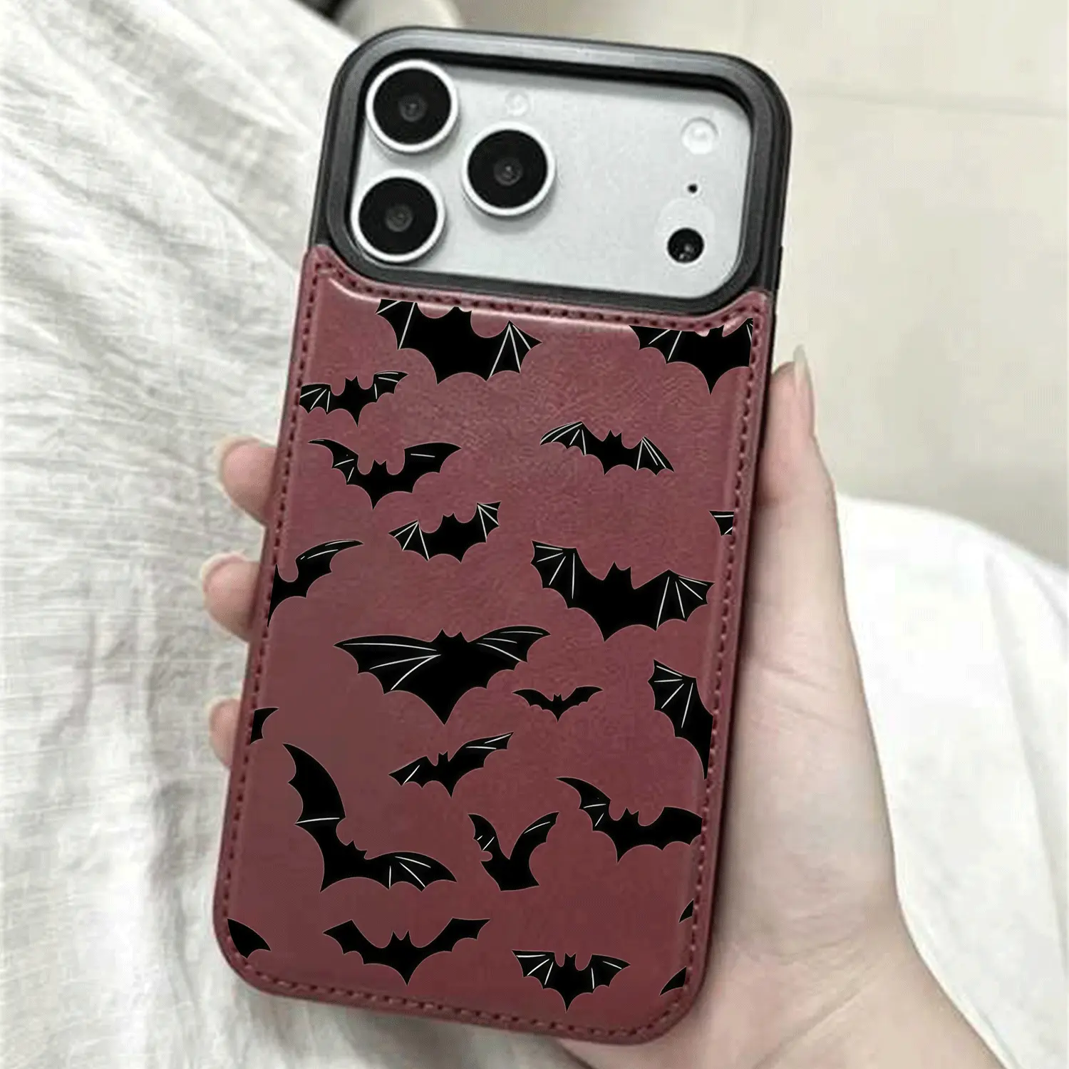 Black and White Bat Line Art Card Holder, Printed phone case, not 3D textured. Features card slot for bank cards, transit cards etc. Compatible with iPhone 17/16/15/14/13/12. Unisex, great holiday gift.