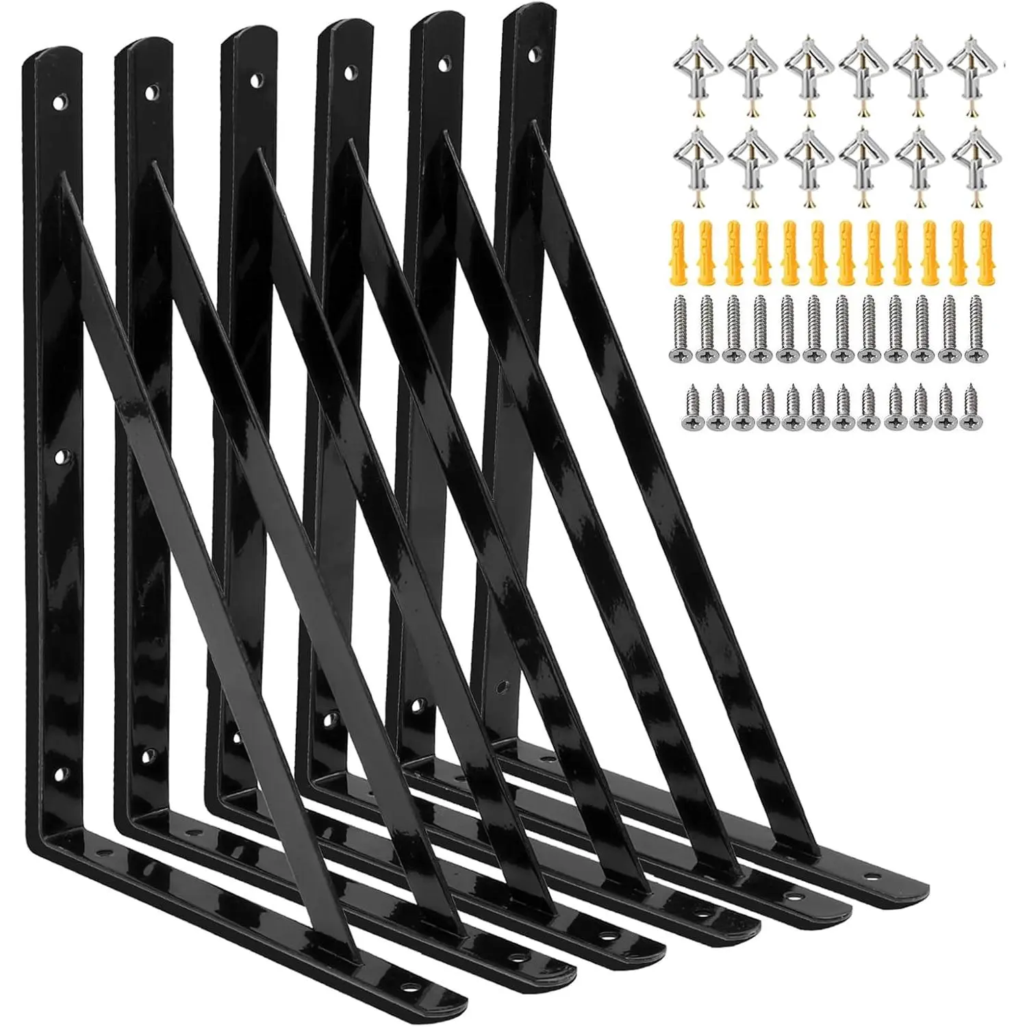 Black Steel Wall-Mounted Shelf Brackets, 8 Inch (300x190mm) for Shelves Support