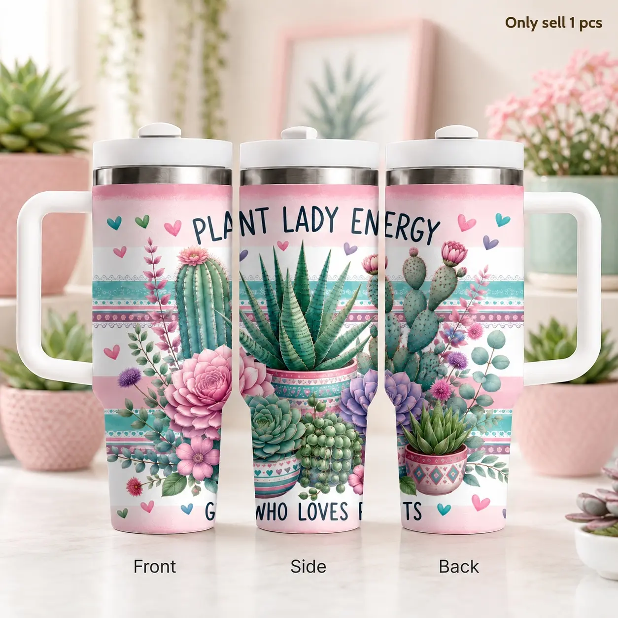 Succulent Girl Life 40oz Insulated Tumbler, Cute Cactus and Plant Travel Cup with Handle, Straw and Leakproof Lid, Large Stainless Steel Hydration Mug for Plant Moms, Work, Road Trips and Birthday Gifts