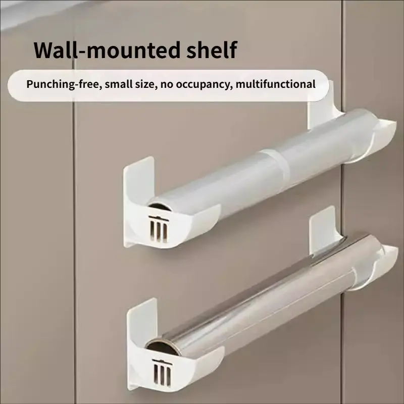 Kitchen Storage Organizer, No-Drill Wall-Mounted Food Wrap and Aluminum Foil Holder, Trash Bag Roll Holder, Adhesive Backing, Non-Damaging