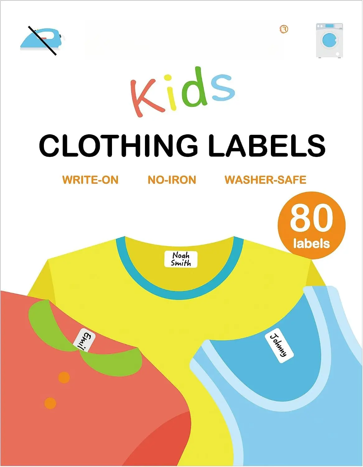Purpose No-Iron  Clothing Labels, 80-Pack | Self-Stick Write- Fabric Labels for Camp, School, ,  Care, Toys, Organizing, Washer & Dryer Safe