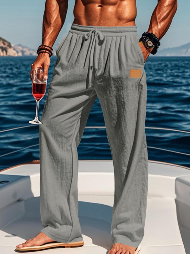Men's Solid Color Linen Pants, Loose Casual Comfy Breathable Trousers, Casual Beach Pants for Vacation Holiday, Men Bottoms for Summer