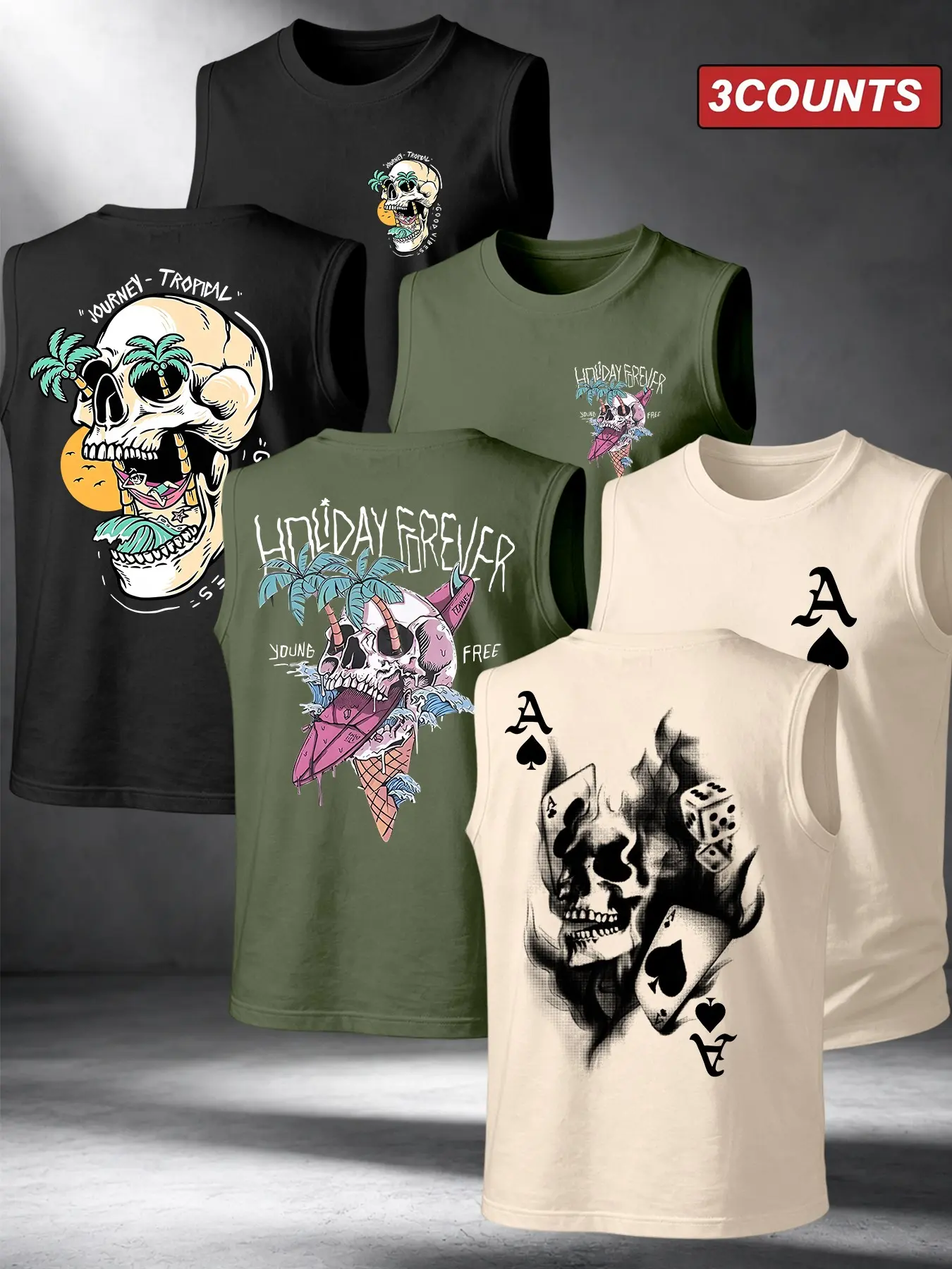 Men 3-Pack Crew Neck Sleeveless Tank Tops Tropical Skull Surf Palm Tree Ace Poker Dice Letter Graphic Print Front & Back Casual Gym Workout Streetwear Sleeveless Tees