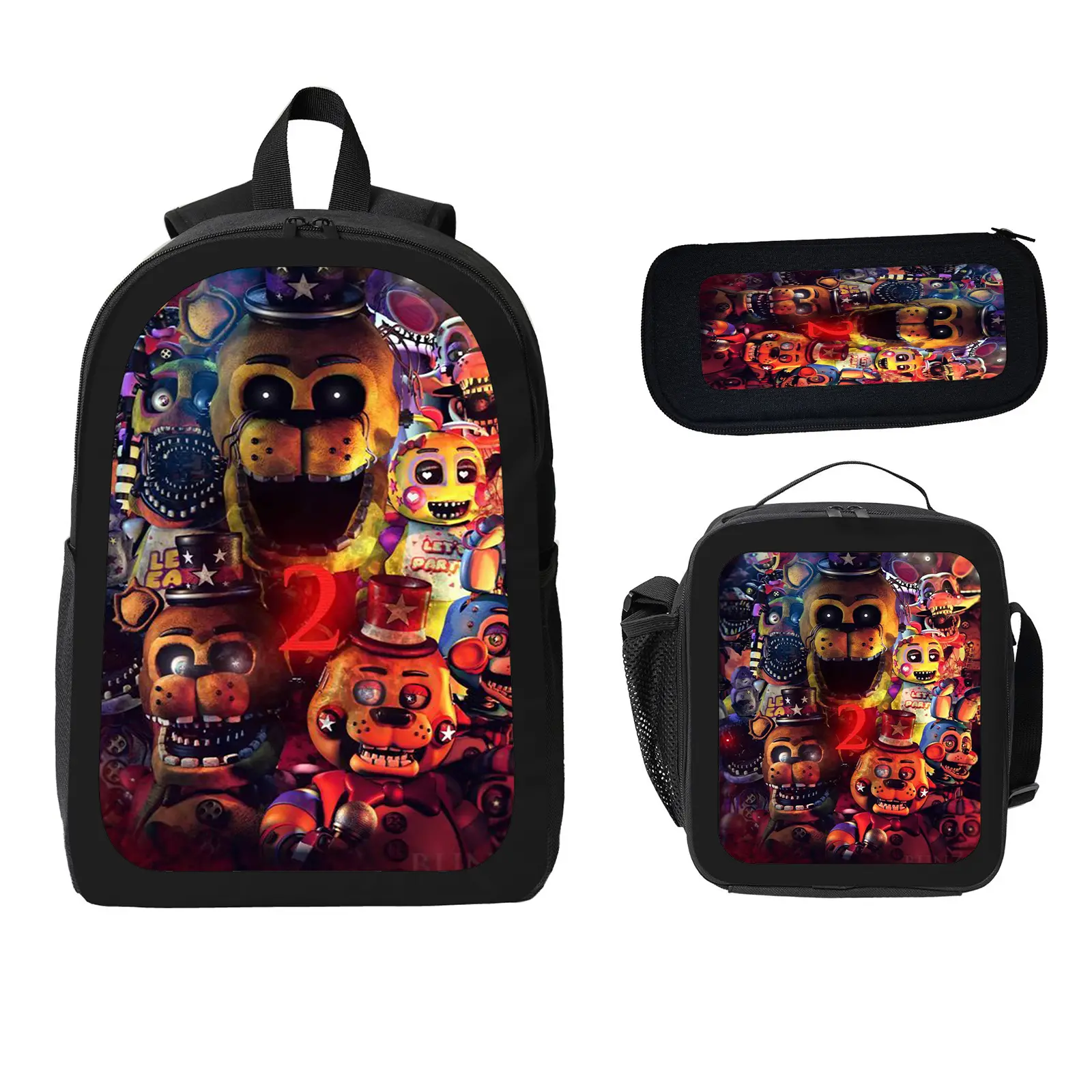 five nights at freddy's 3 Pcs School Backpack Set for Boys Girls Kids, Large Capacity Bookbag with Insulated Lunch Bag Pencil Case, Water Resistant Travel Daypack for Elementary Middle School f-24