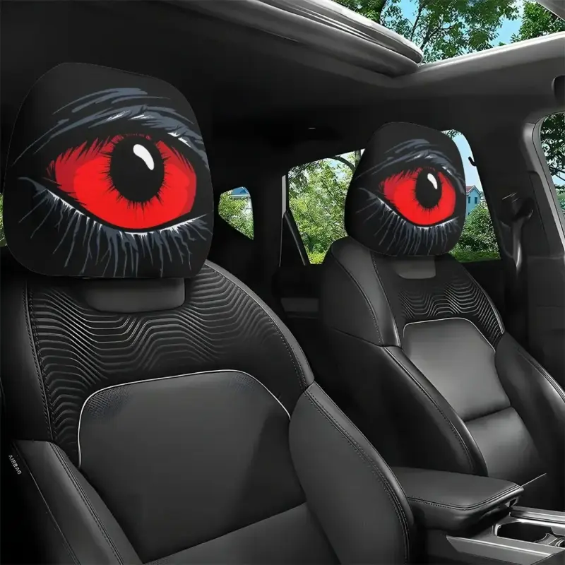 2-Pcs Red Devil's Eye Car Seat Headrest Covers - Red & Black Gothic Design, Washable Cotton Vehicle Accessories, Auto Accessories for Car fathersdaygift Car Decor