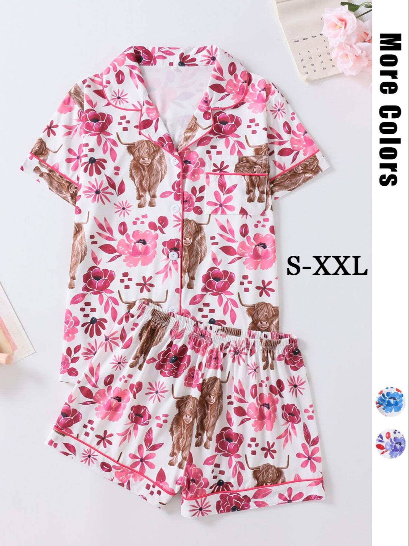 Women's Floral & Cow Print Top & Shorts Pajama Two-piece Set, Casual Comfy Short Sleeve Top & Shorts Pajama Set, Ladies Sleepwear & Loungewear for Summer, Sleep Pajamas Shorts, Womenswear