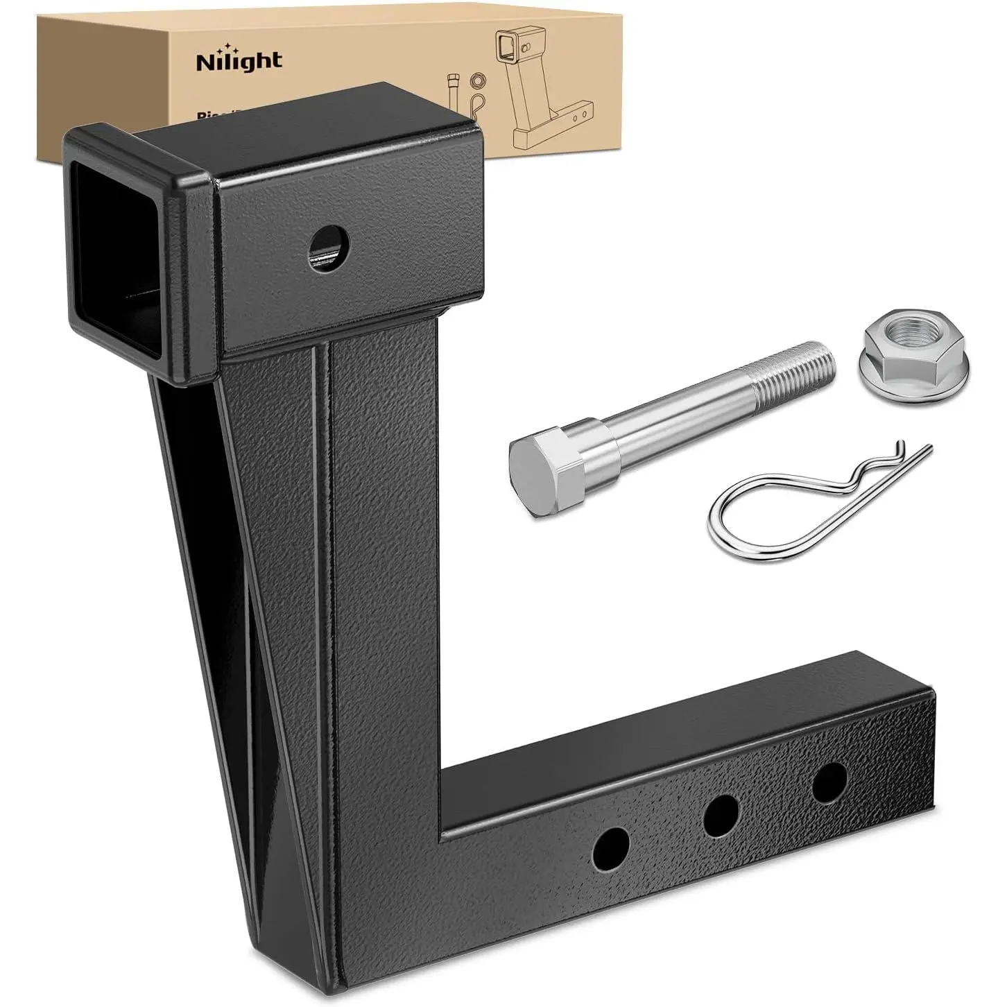 Steel Trailer Hitch Extension Riser with Powder Coat Finish, 2-Inch Receiver Fit, 10-Inch Rise/Drop, 10,000 lbs Capacity, Adjustable Lengths (4.7in, 6.7in, 8.6in), Bolt-Nut-Clip Included, Leveling & Towing for Class I-VI Receivers