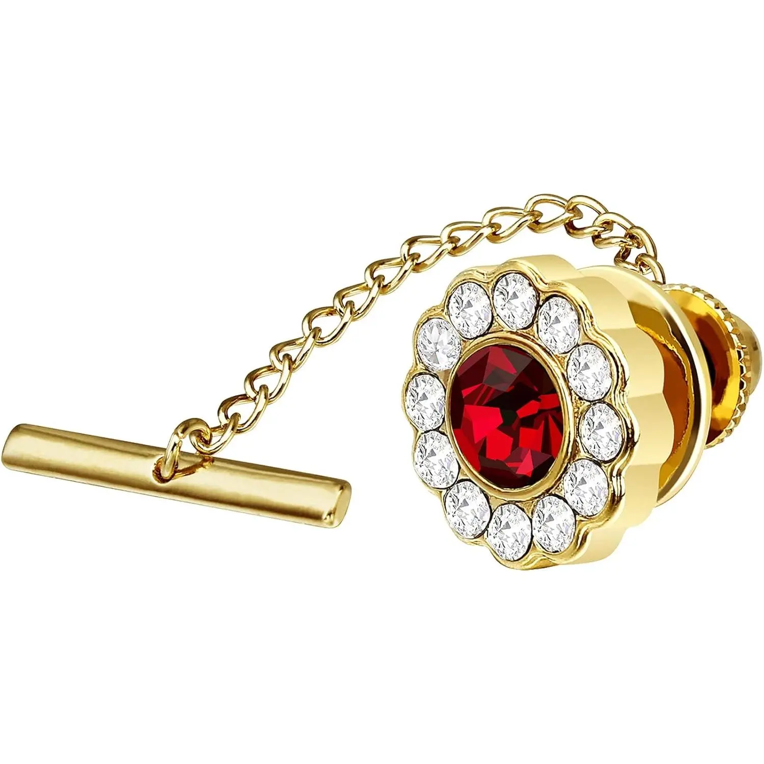 Men's Gold-Tone Tie Tack with Crystal Accents and Chain, Classic Formal Male Wear Accessory for Weddings, Gift Boxed, Wedding Gift Ideas