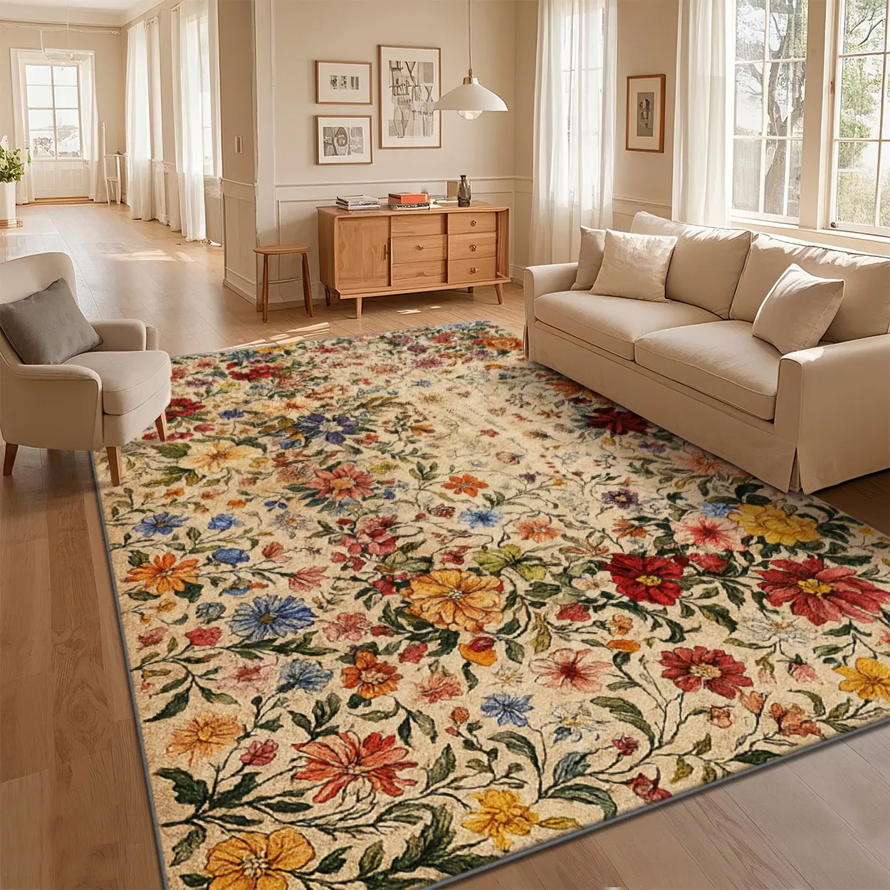 Boho Farmhouse Runner Rug - Multi-Size Polyester Home Decorative Flower Rug, Bohemian Distressed Earthy Print Local Delivery Washable Non-Slip for Living Room Indoor Decor, Home Decorative Rug