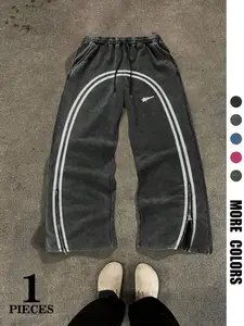 Men's Star & Striped Print Washed Distressed Drawstring Waist Sweatpants, Regular Fit Casual Comfy Fashion Pocket & Zipper Athleisure Design Pants for Fall & Winter