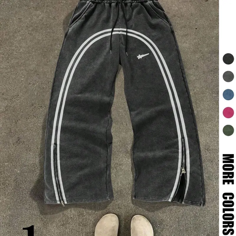 Men's Star & Striped Print Washed Distressed Drawstring Waist Sweatpants, Casual Sweatpants Style Regular Fit Casual Comfy Fashion Pocket & Zipper Athleisure Design Pants for Fall & Winter Fitness Athletic Casual Pants