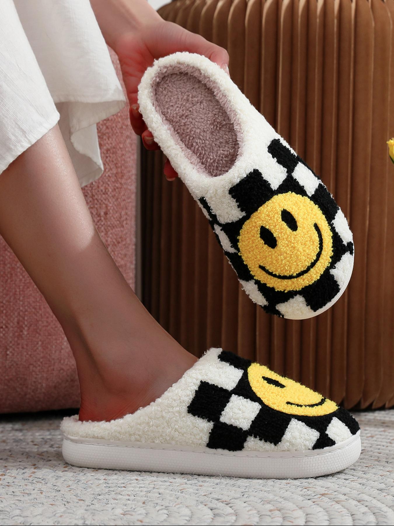 Colorblock Plaid & Smile Face Pattern Plush Slippers, Fashionable Home Slippers for Indoor Outdoor Wear, Fluffy Fall & Winter House Shoes for Women, Unique Gifts for Women, Footwear