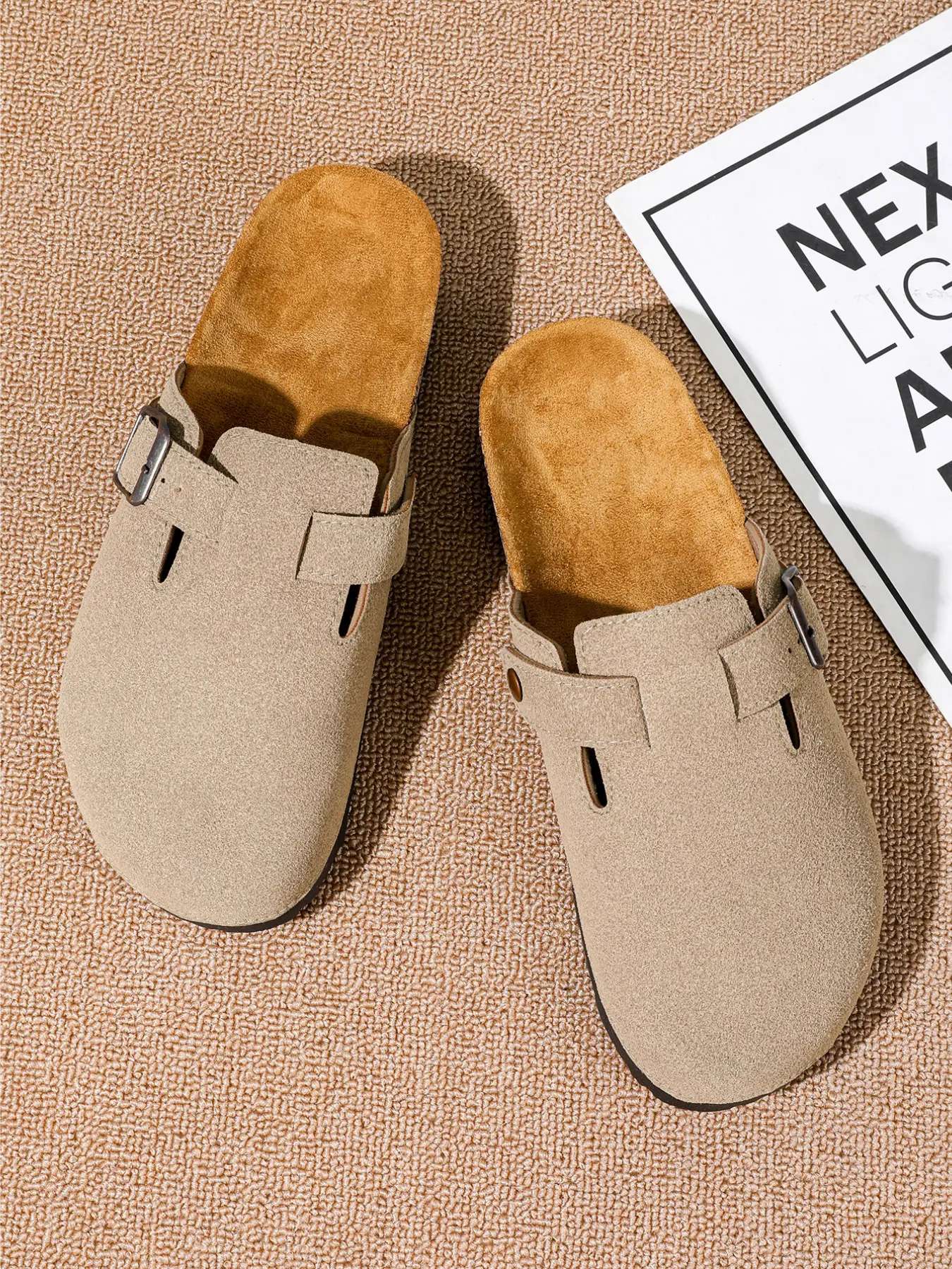 Men's Suede Mules, Wooden Sole Shoes, Cork Insole Sandals, Arch Support, Outdoor Beach Slippers, Home Footwear
