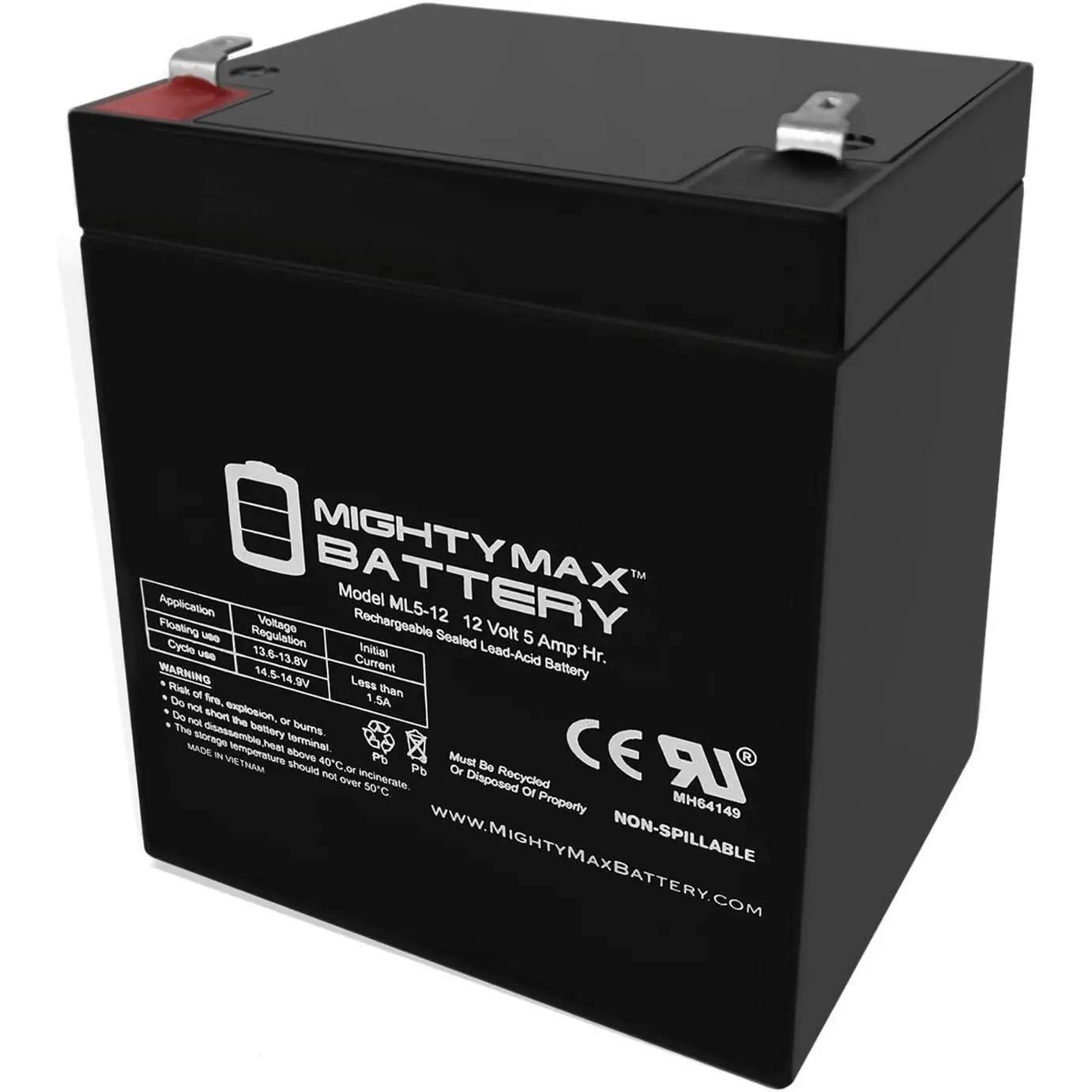 Mighty Max Battery ML5-12 - 12 Volt 5 AH, F1 Terminal, Rechargeable SLA AGM Battery