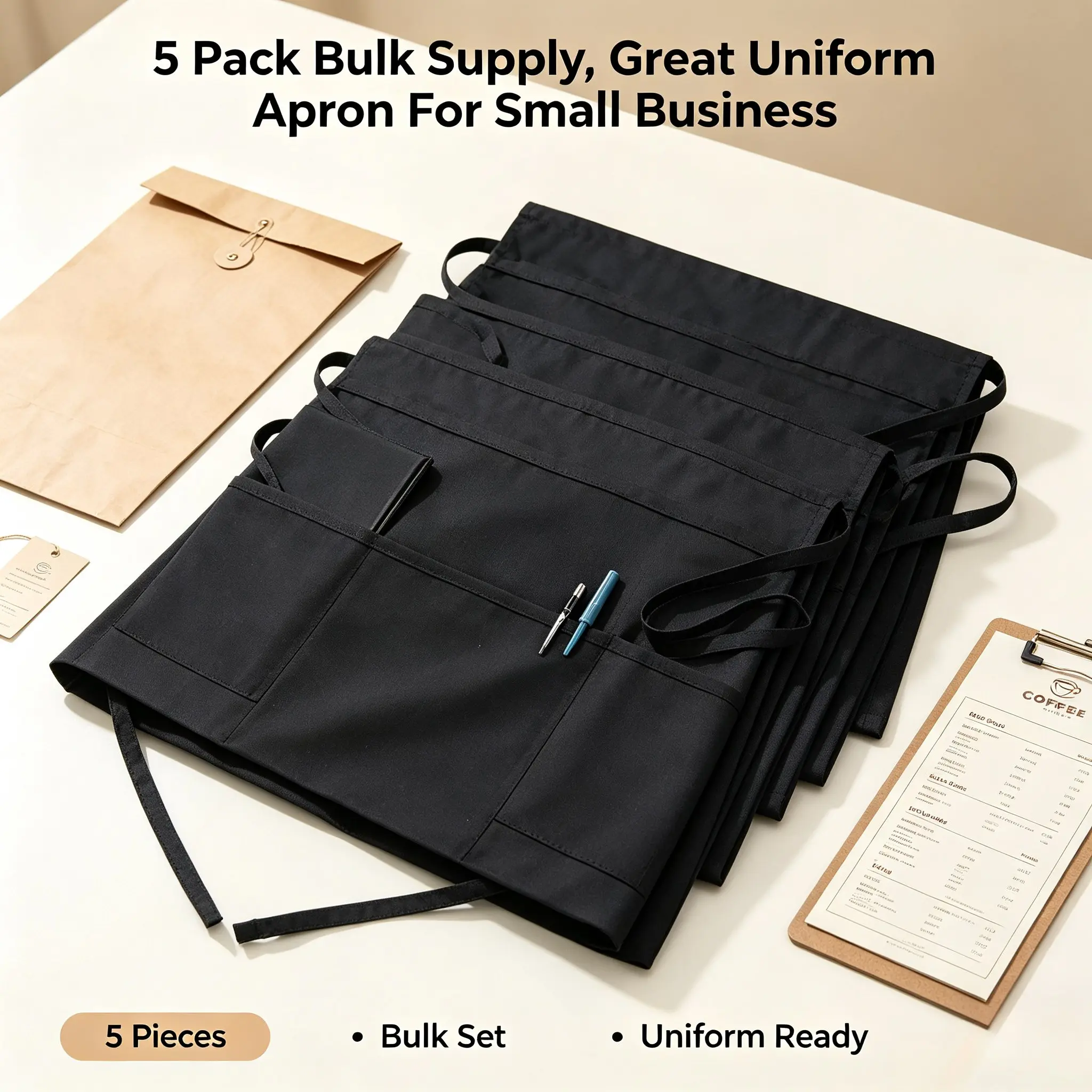 5-Pack Short Server Aprons, 3 Multi-Functional Pockets, Stain Resistant, Waterproof, Durable for Restaurant, Baking, Gardening