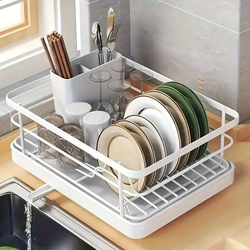 1 space saving drain rack with cutlery holder, black or white - efficiently organize plates, bowls, and cups on your kitchen countertop