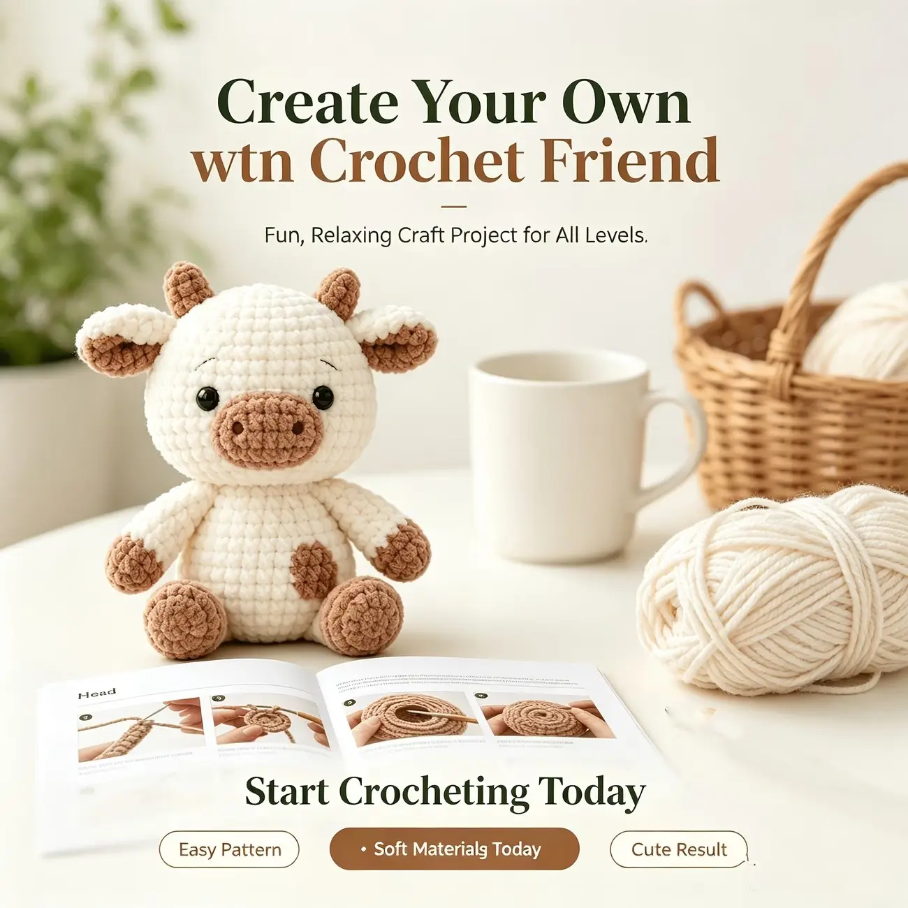DIY Crochet Supplies Kit for Beginners, Cow Amigurumi Tutorial Set, Ideal Gift for Craft Lovers, Includes Yarn and Webbing Accessories