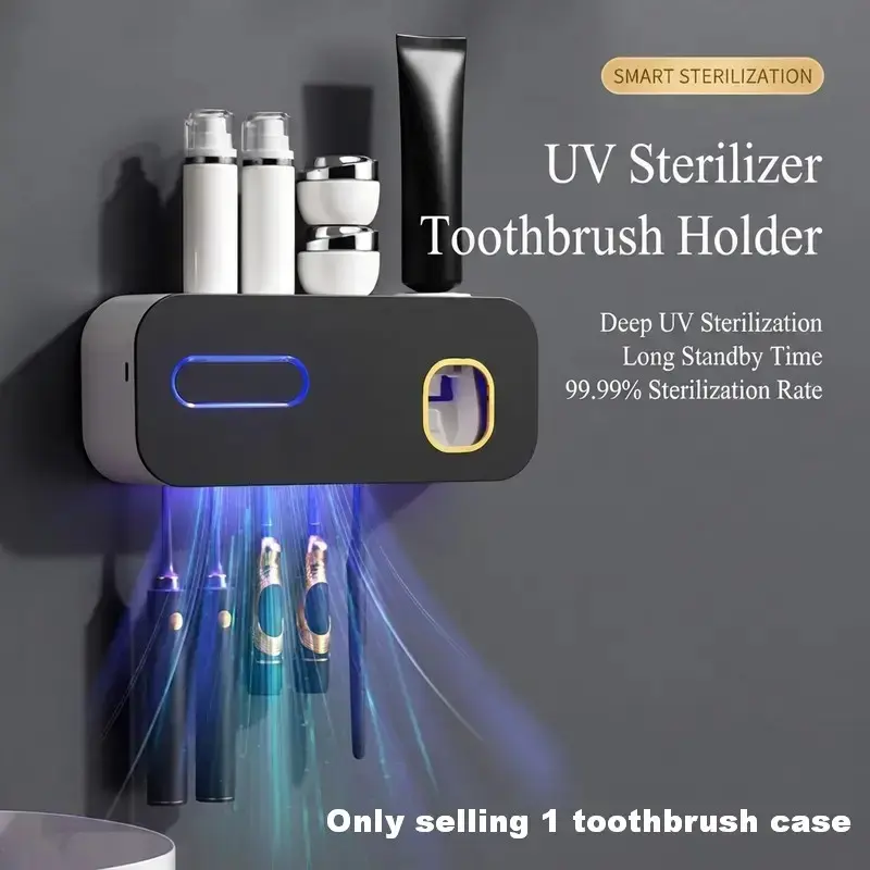 Wall-mounted UVC toothbrush sanitizer rack, toothbrush holder, toothbrush storage, with automatic toothpaste dispenser and shelf, smart UV sanitizer for the bathroom, Toothbrush Holder Organizers
