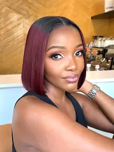 Human Hair Women's 4*4 Lace Closure Bob Wigs SDD Blunt Cut Colored Short Straight Wigs, Middle Part Natural Lace Hairline, Ready to Wear