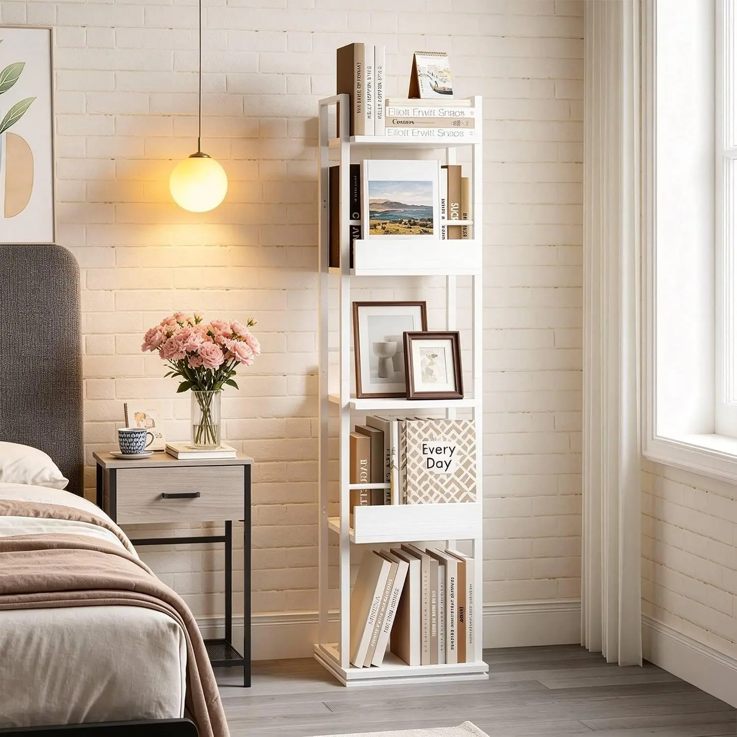 Space-Saving 5-Tier Rotating Corner Bookshelf – Tall Narrow Freestanding Bookcase with Guardrail, Industrial Storage Rack for Living Room, Bedroom, Office, Study