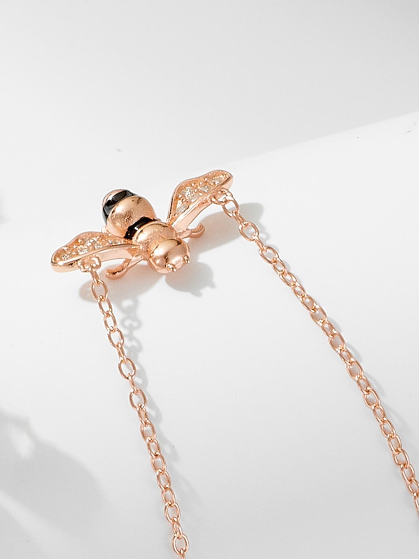 925 Sterling Silver Cute Bee Design Pendant Necklace, Artificial Zircon Decor Necklace, Fashion Jewelry Accessories for Women As Gift