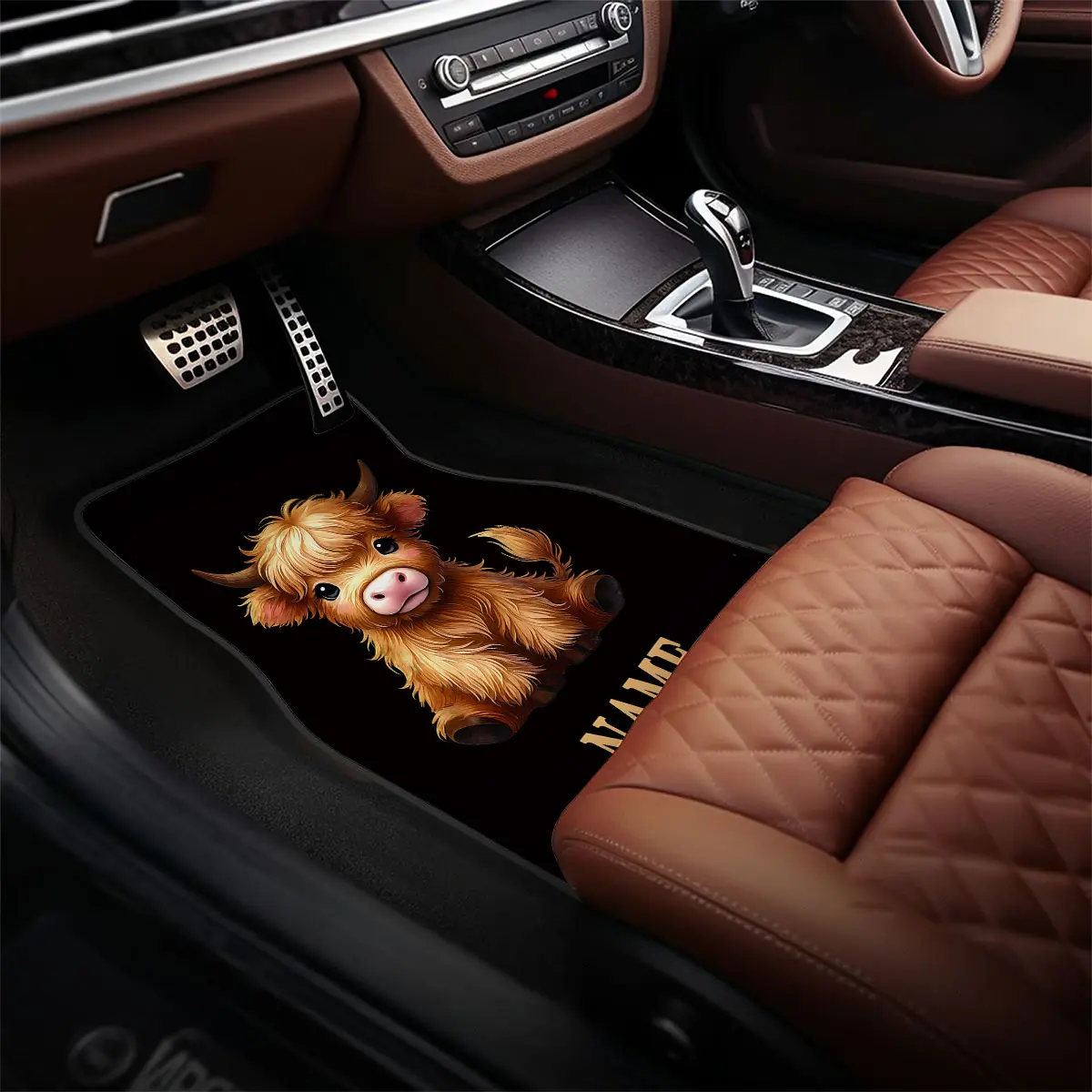 4-piece customizable name car floor mats with cute Highland cow design print - Perfect gift for men/women - Easy-to-clean car interior accessory - Exquisite appearance, suitable for sedans, trucks, and SUVs - Suitable for all seasons, ideal for car enthus