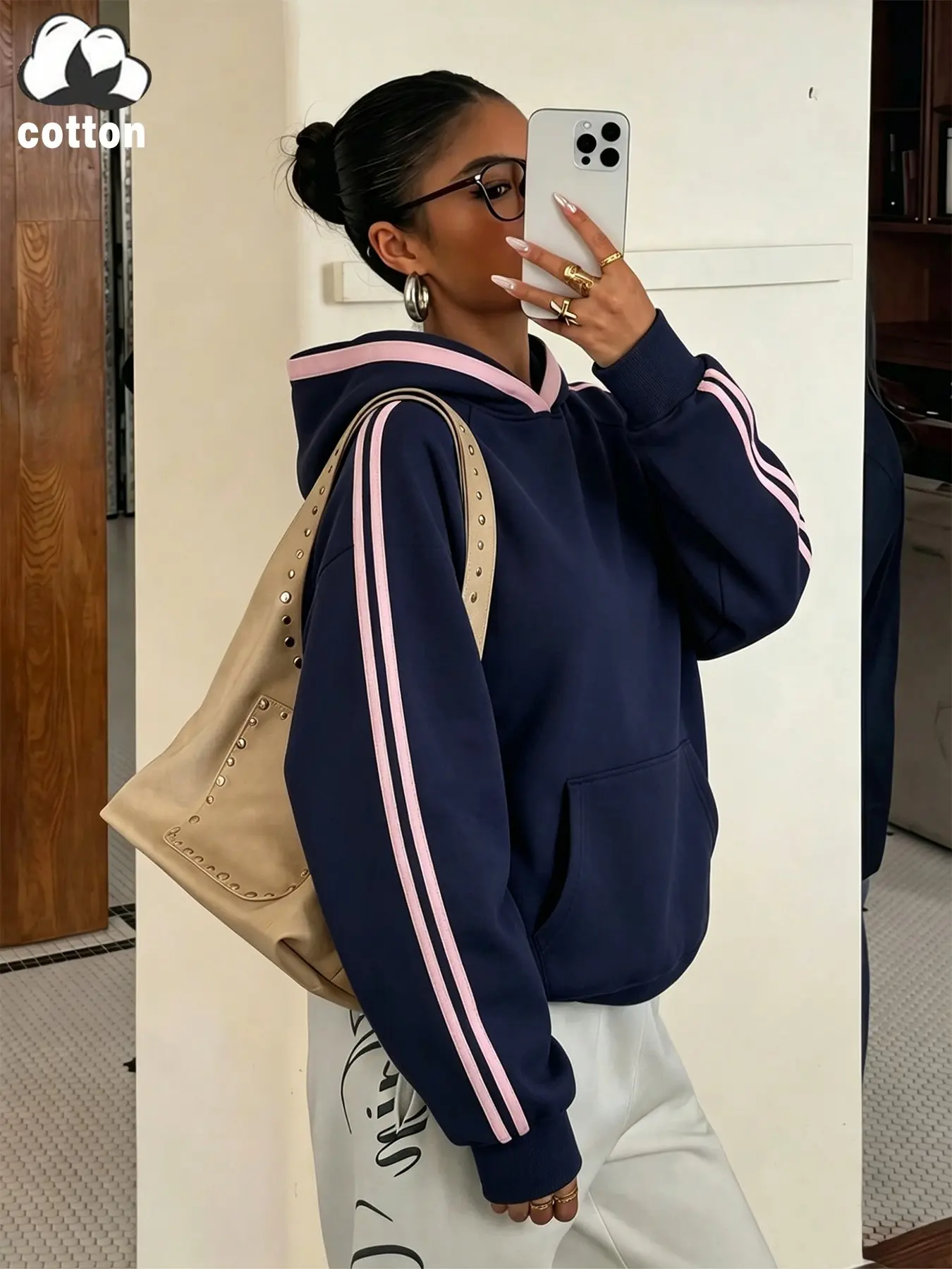 Women's Navy Side Stripe Hoodie, Vintage Sporty Loose Fit Long Sleeve Cotton Sweatshirt, Casual Streetwear Pullover with Pockets, Casual Cozy Sweatshirt