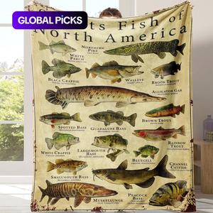 fish pattern flannel blanket, 1 count soft comfortable warm throw, air-conditioned room blanket, easter gifts warm nap blanket for home office travel camping, room accessories,  funny gift