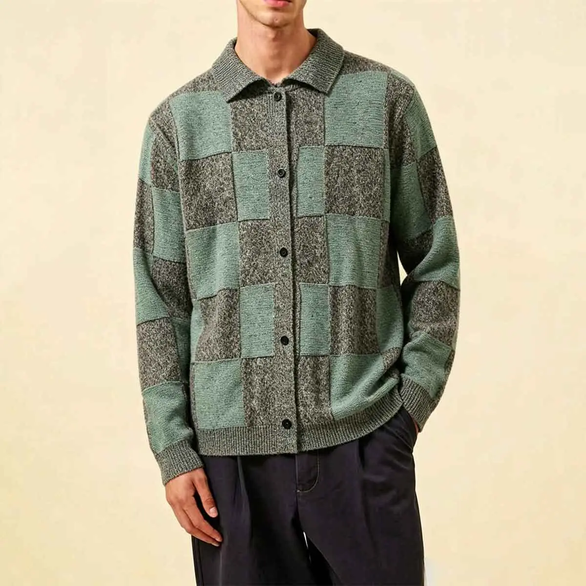 Men's checkered collar knitted cardigan, retro checkered patchwork cardigan jacket, long sleeved loose collar knitted jacket, soft and warm knitted top, retro casual knitted clothing, suitable for daily wear, outdoor travel, dating, and autumn/winter laye