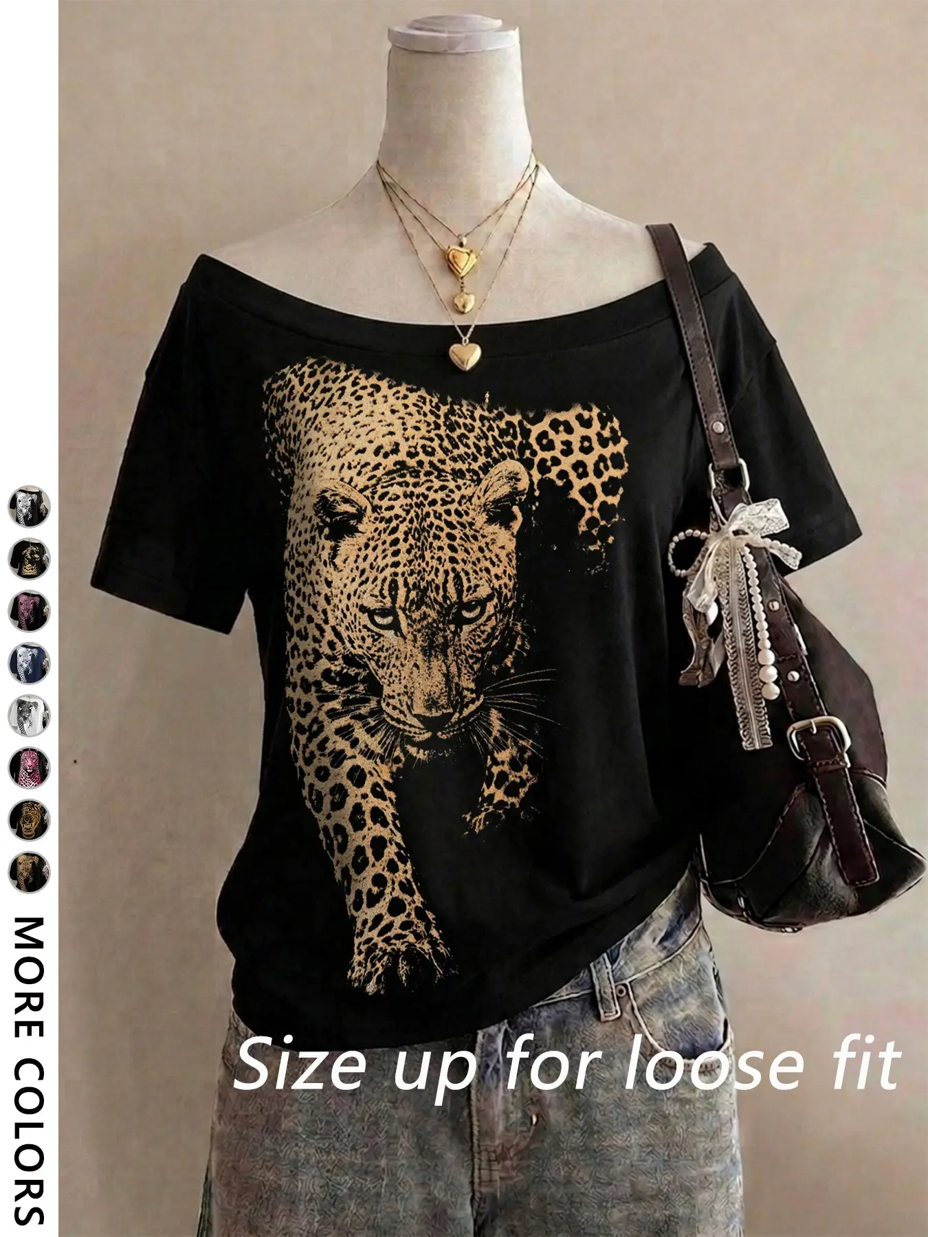 Women's Loose Fit Short Sleeve Off-Shoulder T-Shirt, Leopard Print Design, Casual Style, Perfect for Outing and Shopping, Y2K Fashion