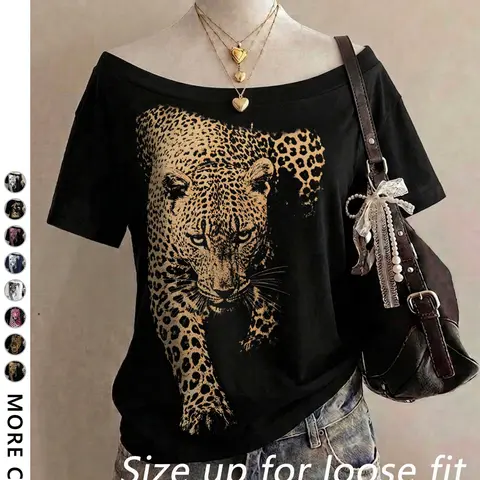 Women's Loose Fit Short Sleeve Off-Shoulder Summer T-Shirt, Leopard Print Design, Casual Style, Perfect for Outing and Shopping, Y2K Fashion, Casual Tee Shirts