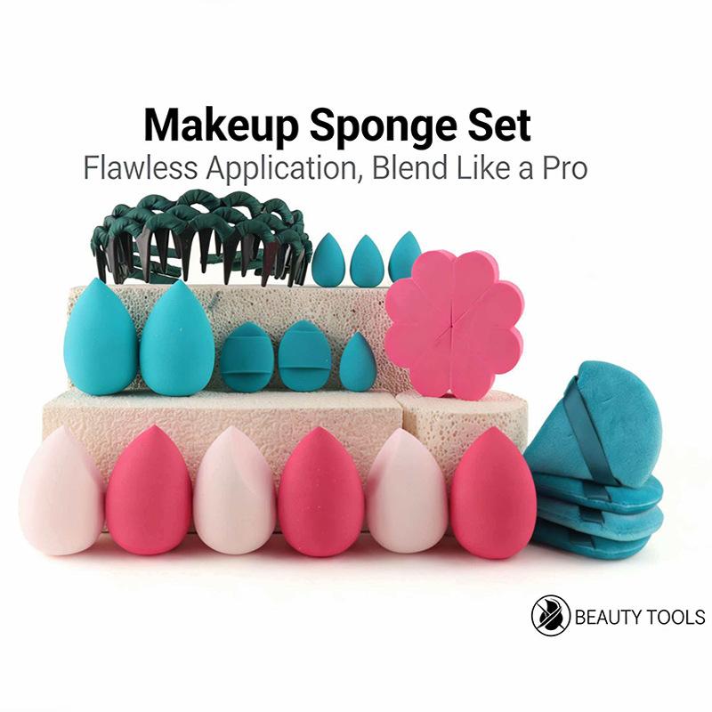 19-Piece Complete Series Makeup Puff & Headband Beauty Set - Includes Finger Cushion Puffs and Beauty Blenders