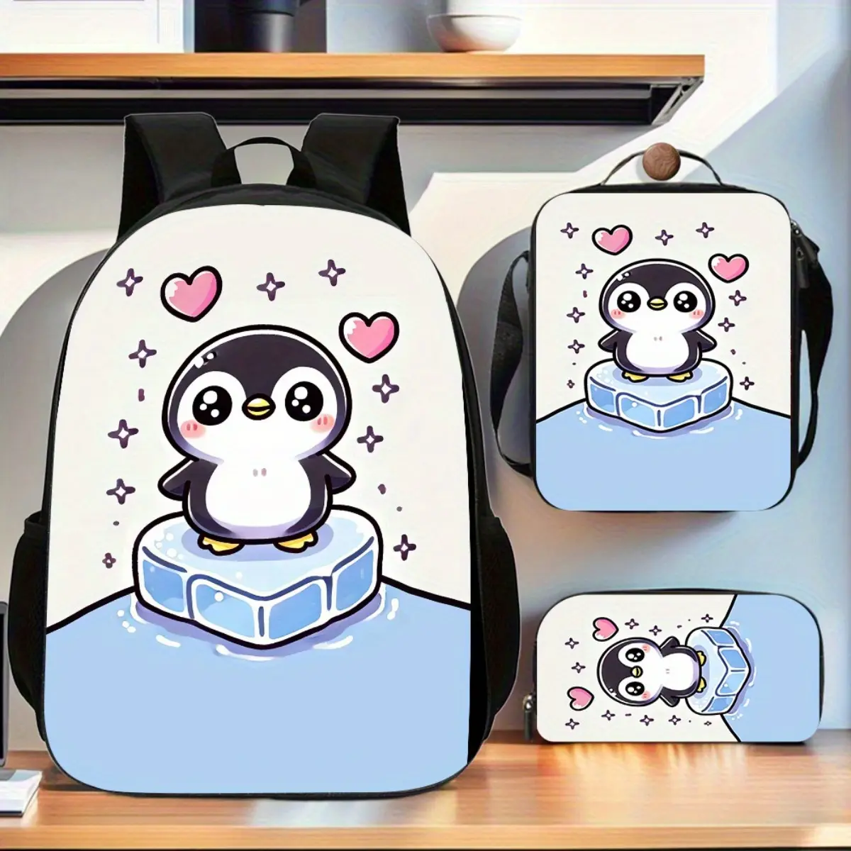 Penguin 3pcs Fashion Backpack Set for Non-Food Contact, Featuring a Spacious Book Bag, a Crossbody Bag, And a Pencil Case, Ideal for Travel, Everyday Use, And Birthday Presents