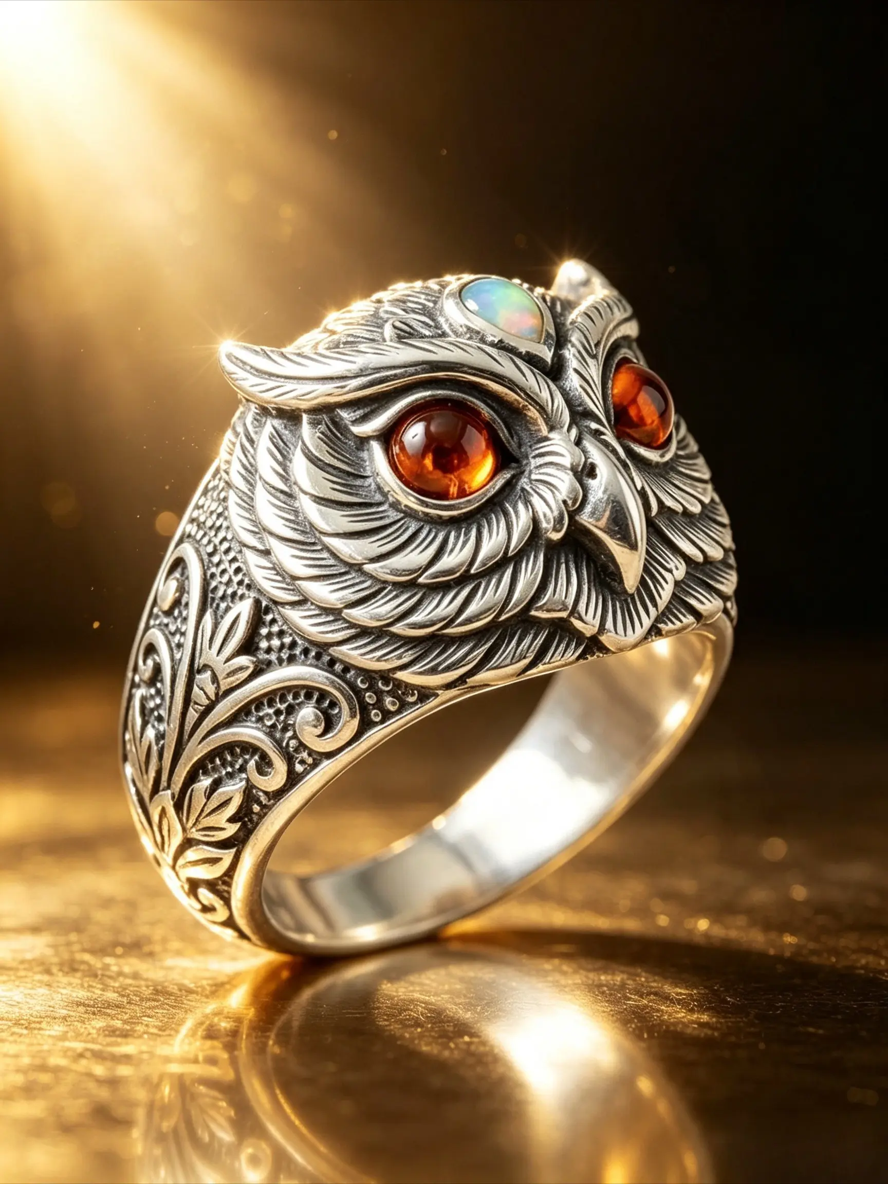 Vintage Silver Owl Statement Ring 3D Carved Feather Floral Filigree Ring With Orange Gemstone Eyes Imitation Opal For Men Women Daily Street Witchy Party Birthday Gift Floral Design Ring