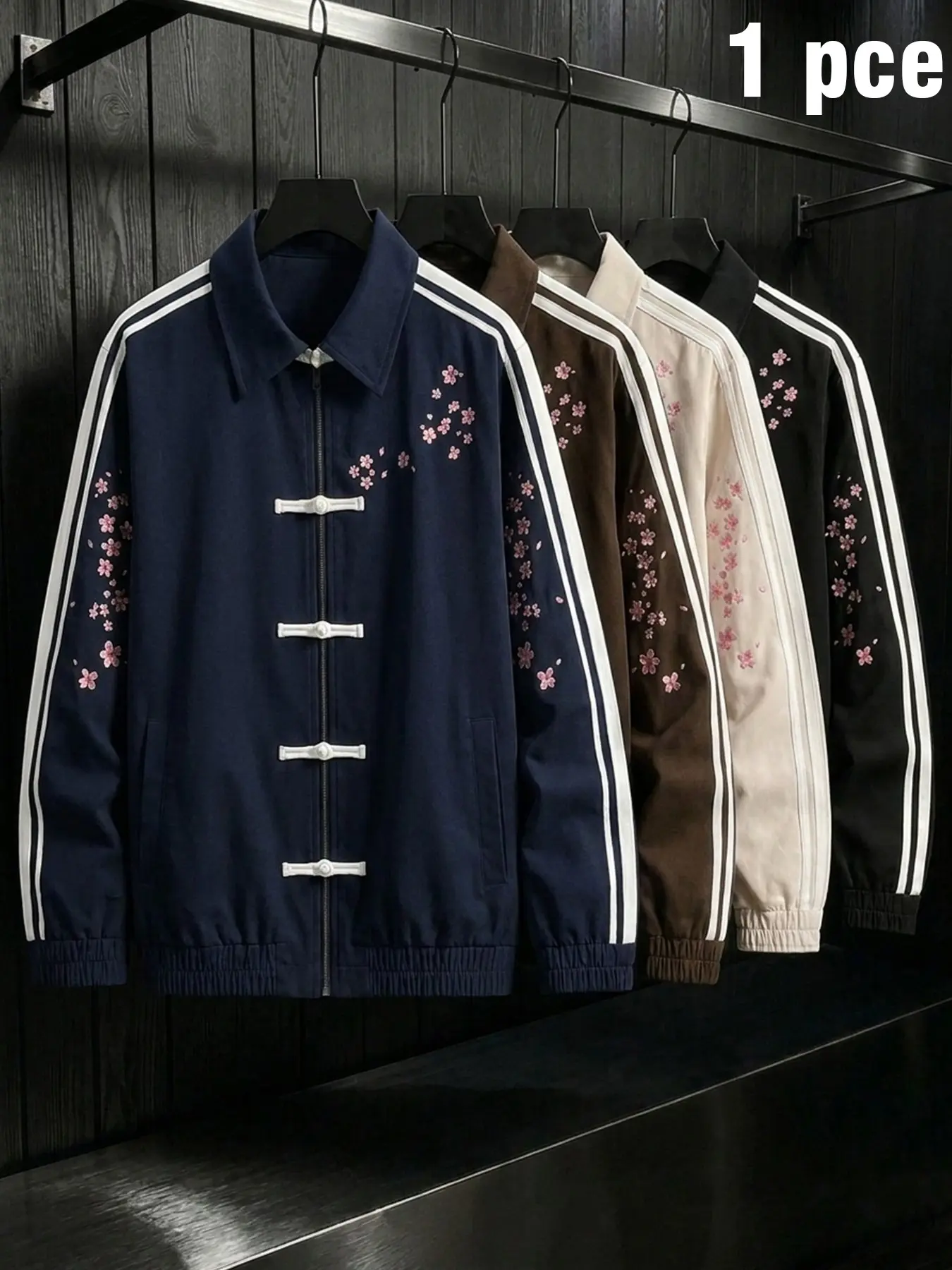 Vintage Streetwear Harrington Jacket, Unisex, Traditional Frog Button Design, Cherry Blossom Embroidery, Spring-Fall Casual Outerwear